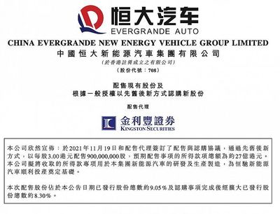 恒大汽車(chē)擬配股籌資27億港元，加速新能源汽車(chē)業(yè)務(wù)發(fā)展